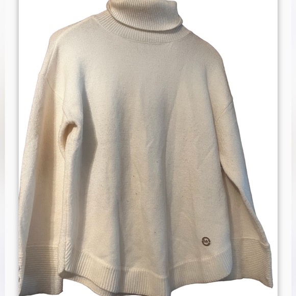 Michael Michael Kors Sz S Cream Turtleneck Logo Swester Gold Signature Buttons - Picture 2 of 8